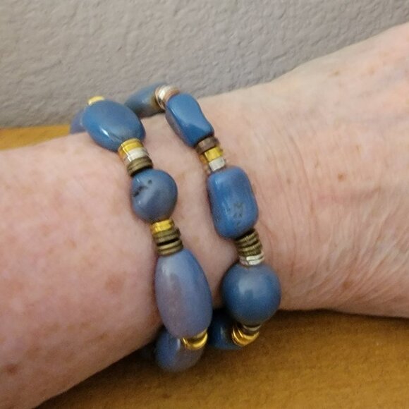Blue Beads with Silver, Gold and Brass Spacers Set of 2 Bracelets   New - Picture 3 of 3